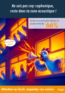 Affiche LOKO'Geste illustrant les troubles de voisinage causés par le tapage avec un coq bruyant